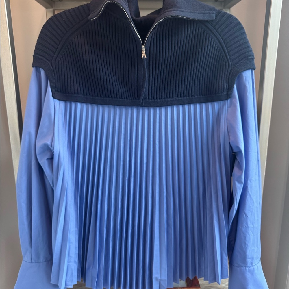 Jonathan Simkhai Navy Ribbed Zip-Neck with Periwinkle Pleated Body